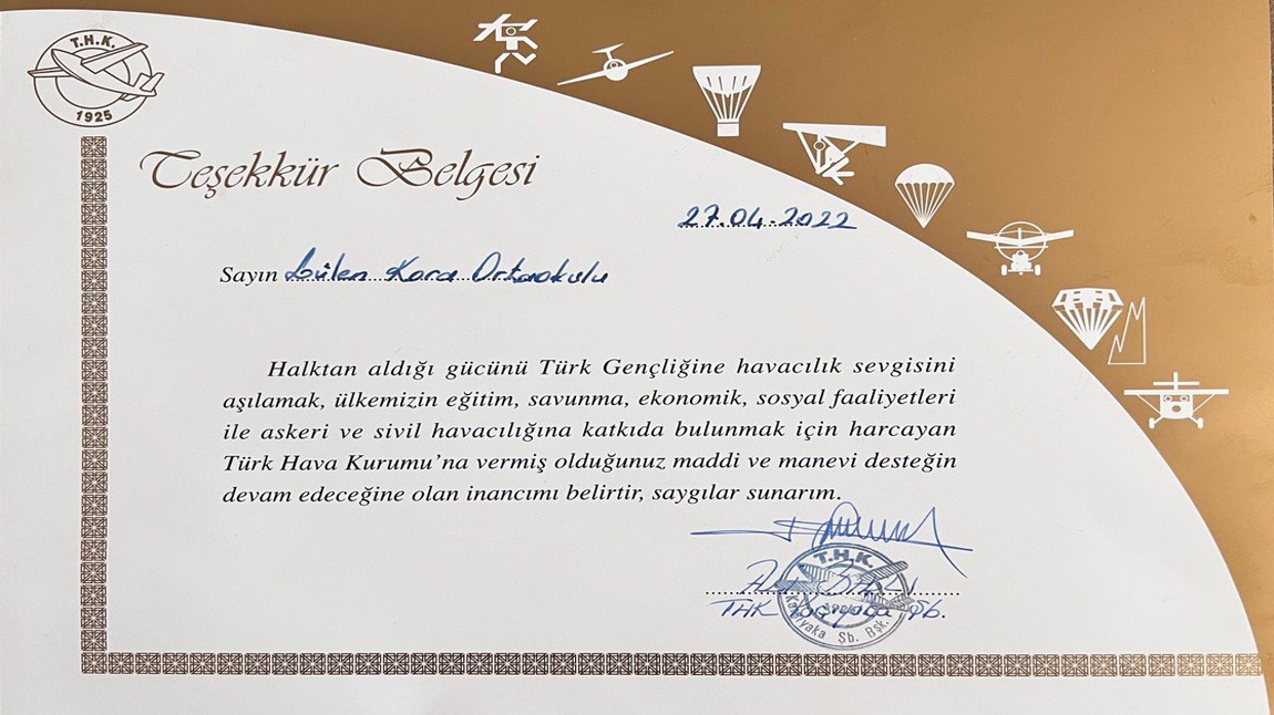 Türk Hava Kurumundan Okulumuza Teşekkür Belgesi